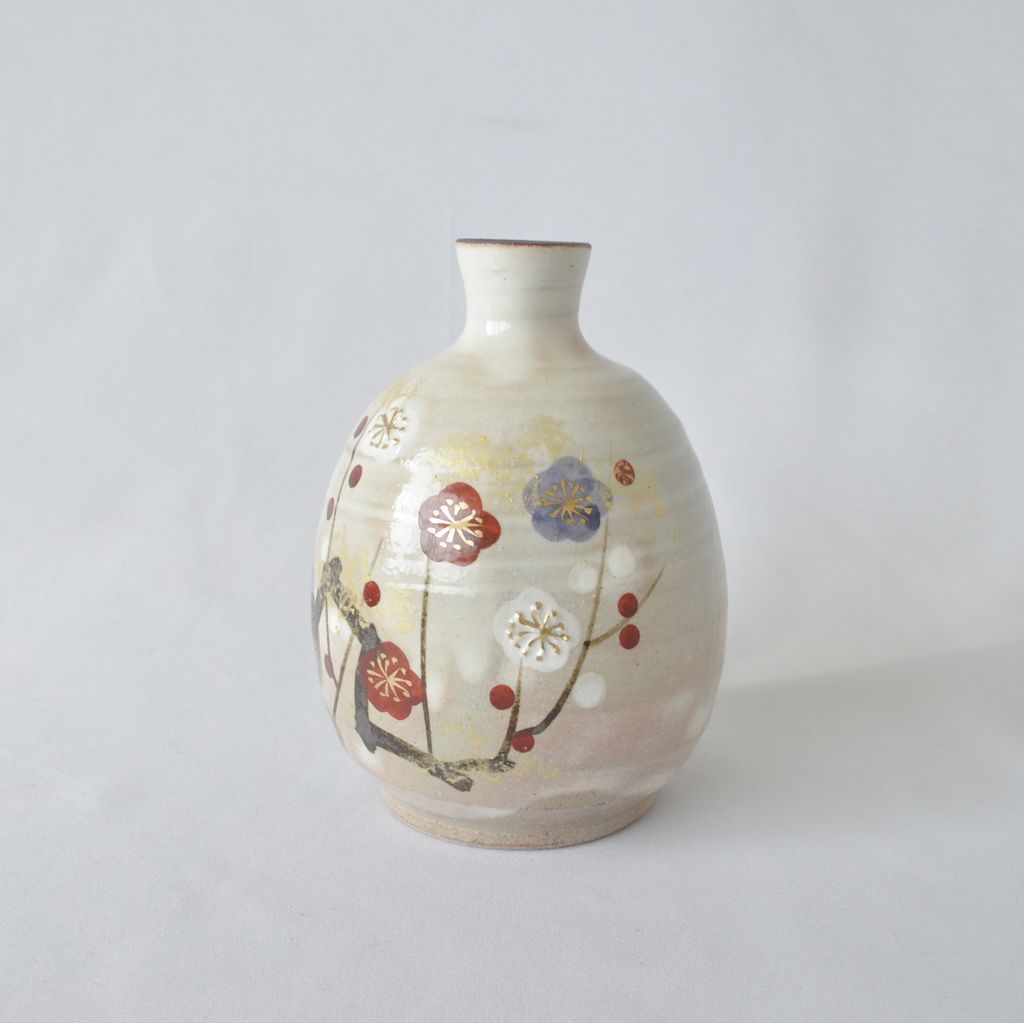 Kiyomizu Ware Sake Decanter and Cups Set "Kissho Ume"