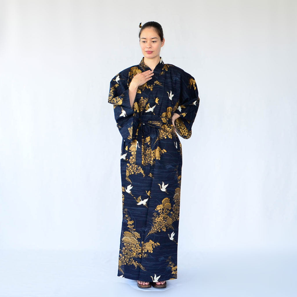 Japanese Colorful Yukata Women's Cotton "Golden Crane"
