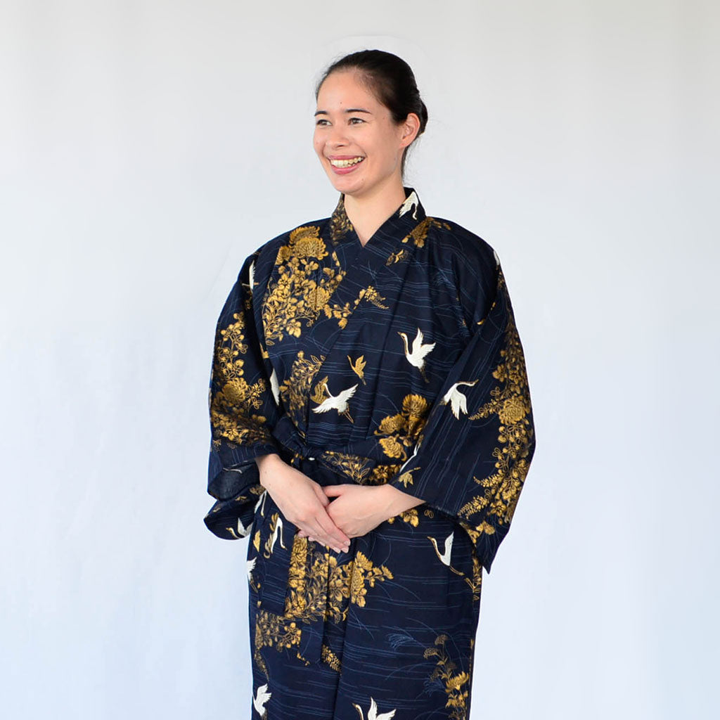 Japanese Colorful Yukata Women's Cotton "Golden Crane"
