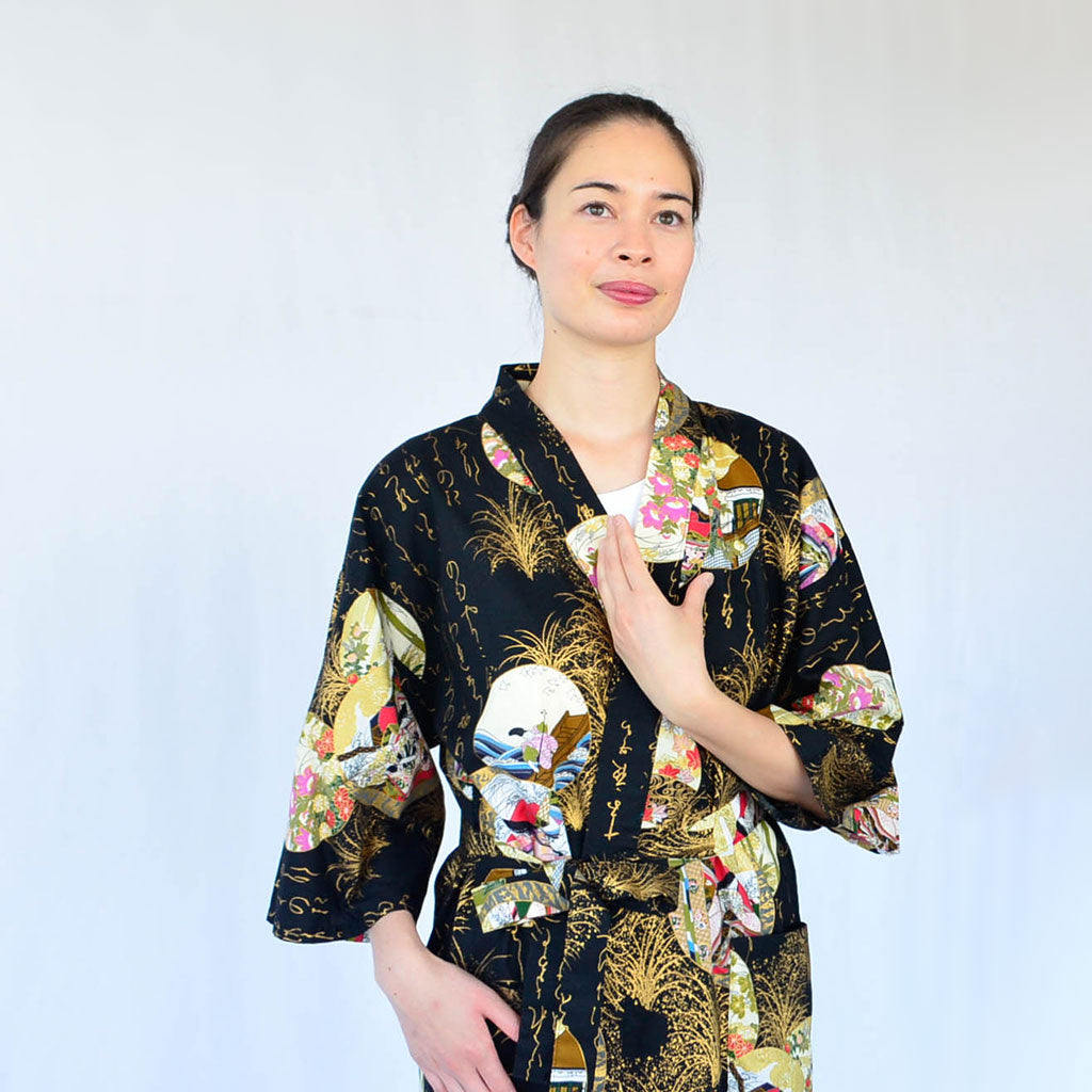 Japanese Colorful Yukata Women's Cotton Knee-length "Calligraphy and Princess"