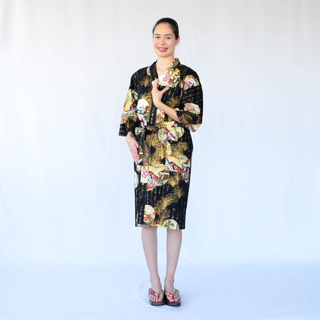 Japanese Colorful Yukata Women's Cotton Knee-length "Calligraphy and Princess"