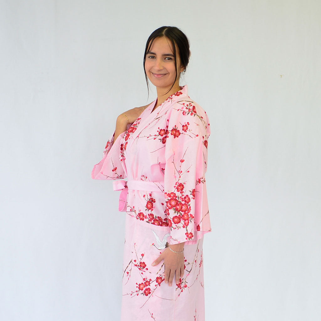 Japanese Colorful Yukata Women's Cotton Knee-length "Sakura Crane"