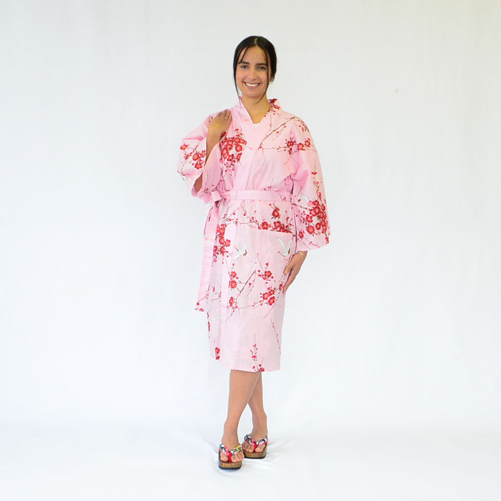 Japanese Colorful Yukata Women's Cotton Knee-length "Sakura Crane"