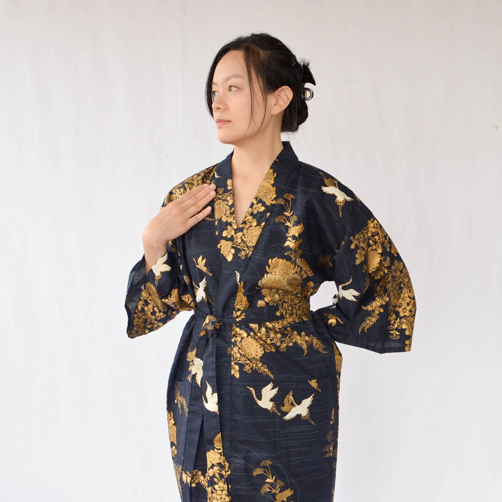 Japanese Colorful Yukata Women's Cotton Knee-length "Golden Crane"