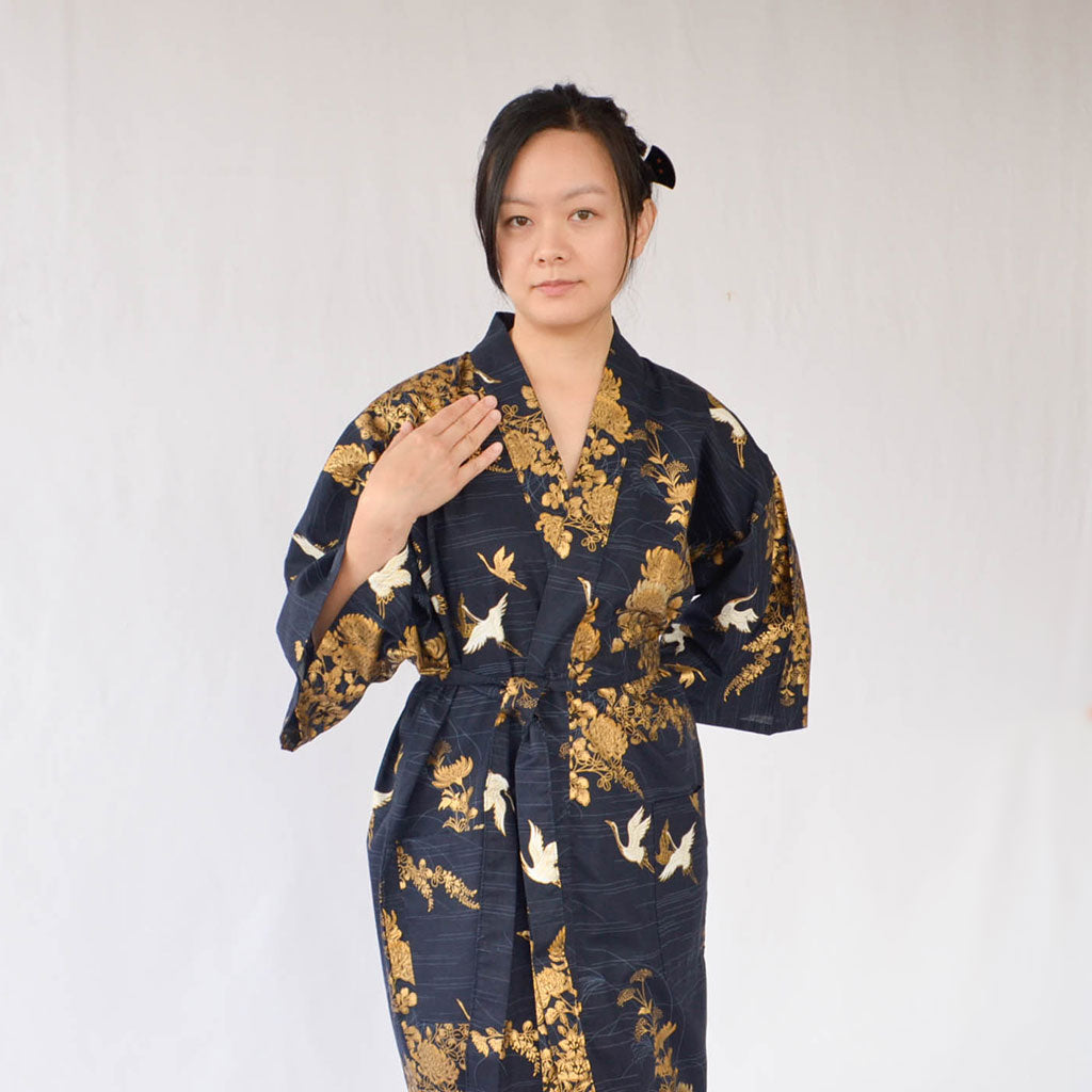 Japanese Colorful Yukata Women's Cotton Knee-length "Golden Crane"