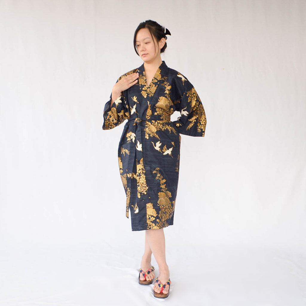 Japanese Colorful Yukata Women's Cotton Knee-length "Golden Crane"