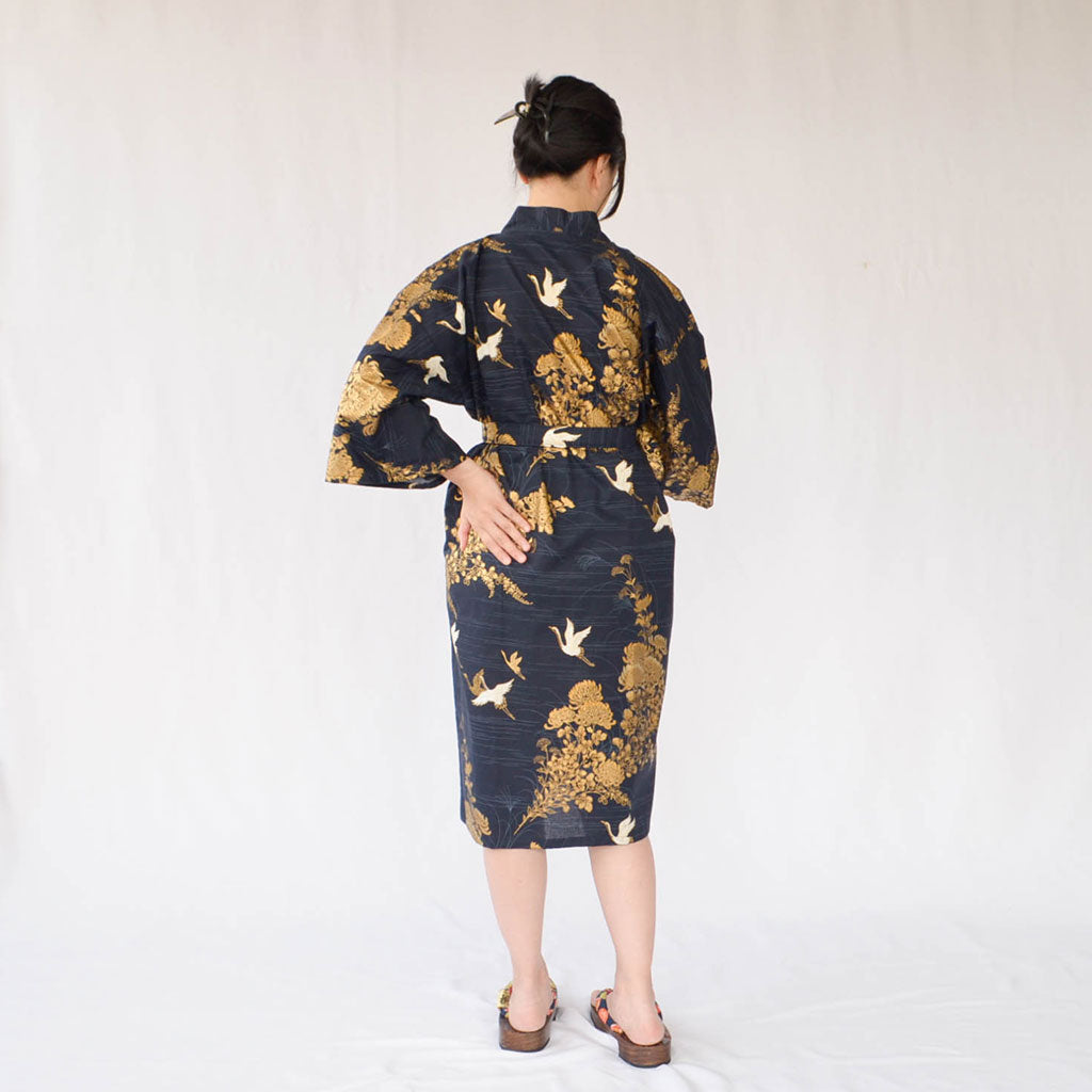 Japanese Colorful Yukata Women's Cotton Knee-length "Golden Crane"
