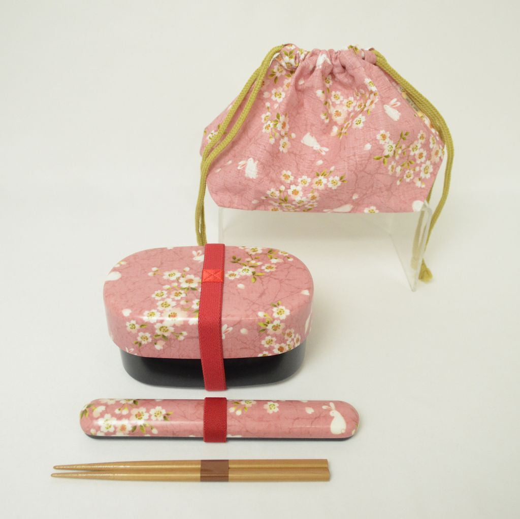 Bento Box, Chopsticks and Bag Set "Cherry Blossoms and Rabbits" (Oval)