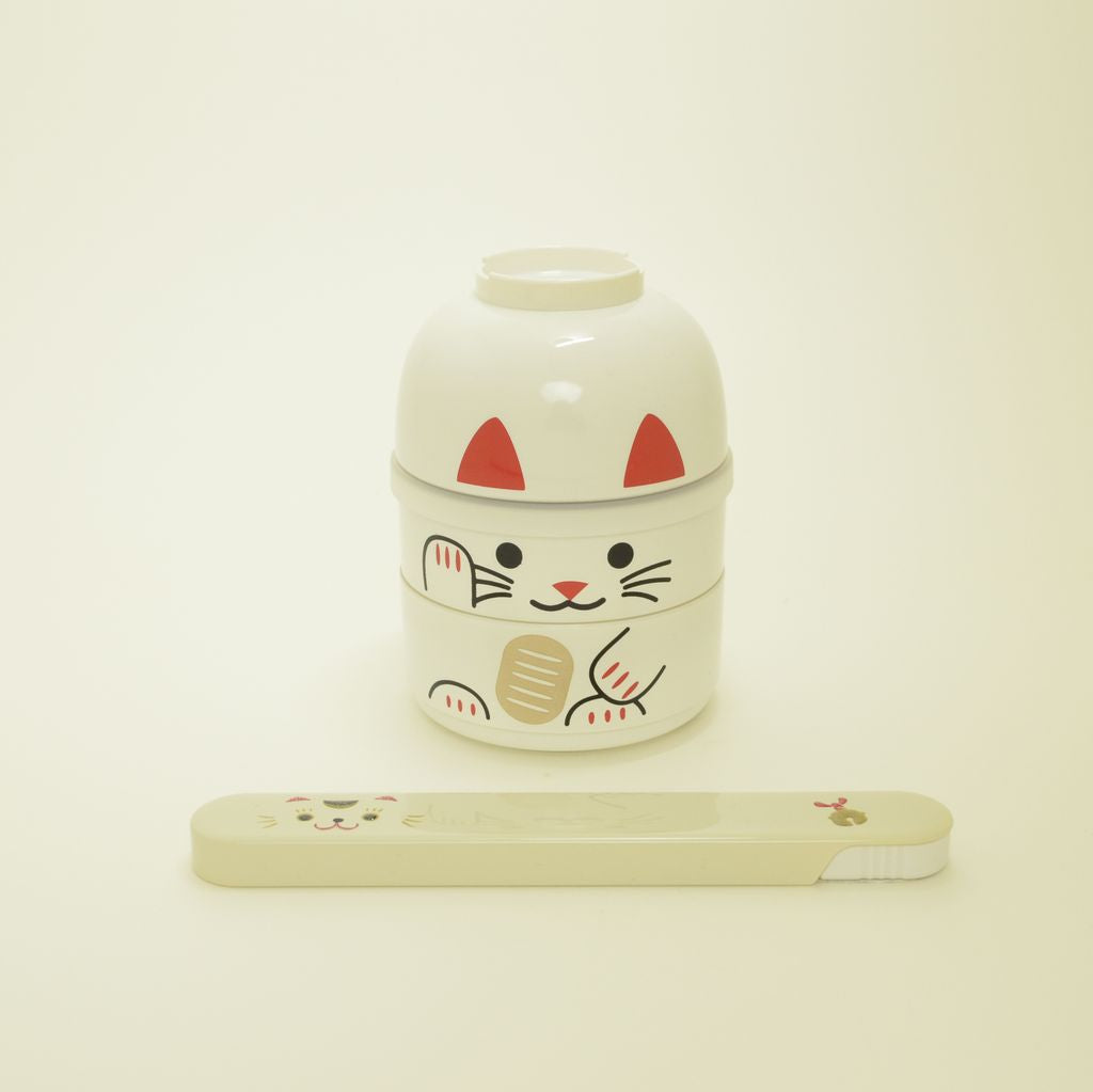 Bento Box Kokeshi Doll and Chopsticks Set "Maneki-Neko" (Small)