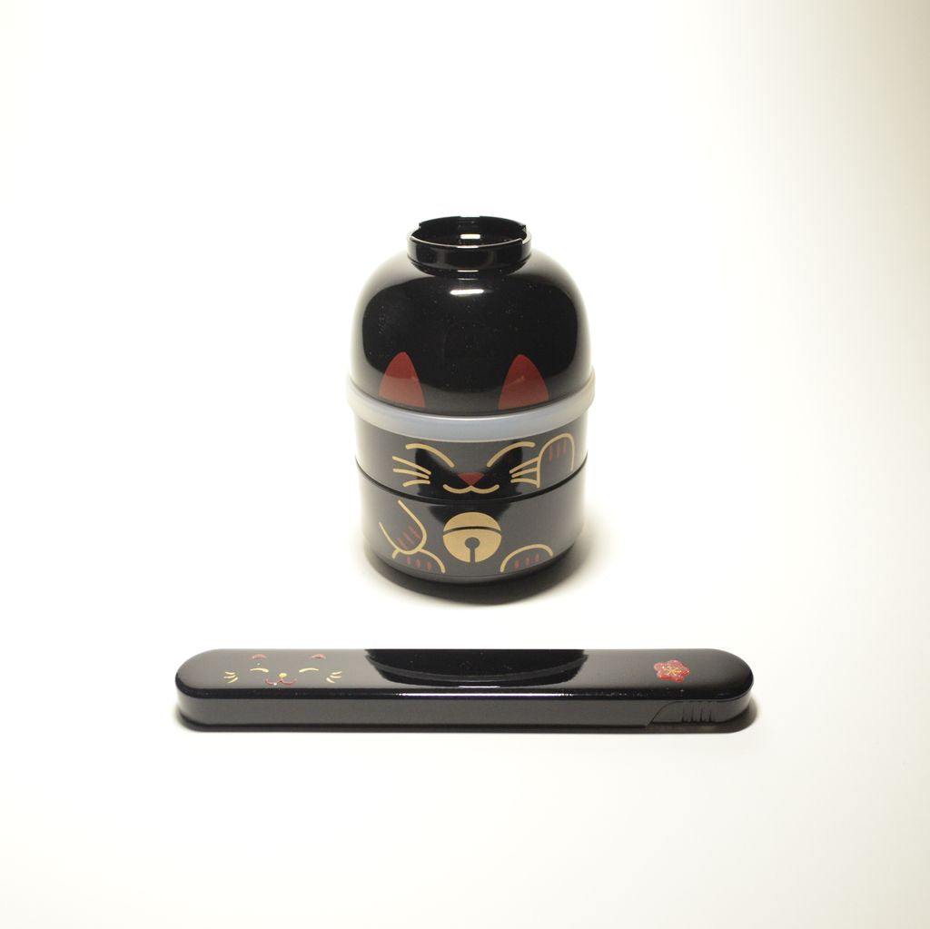 Bento Box Kokeshi Doll and Chopsticks Set "Maneki-Neko" (Small)