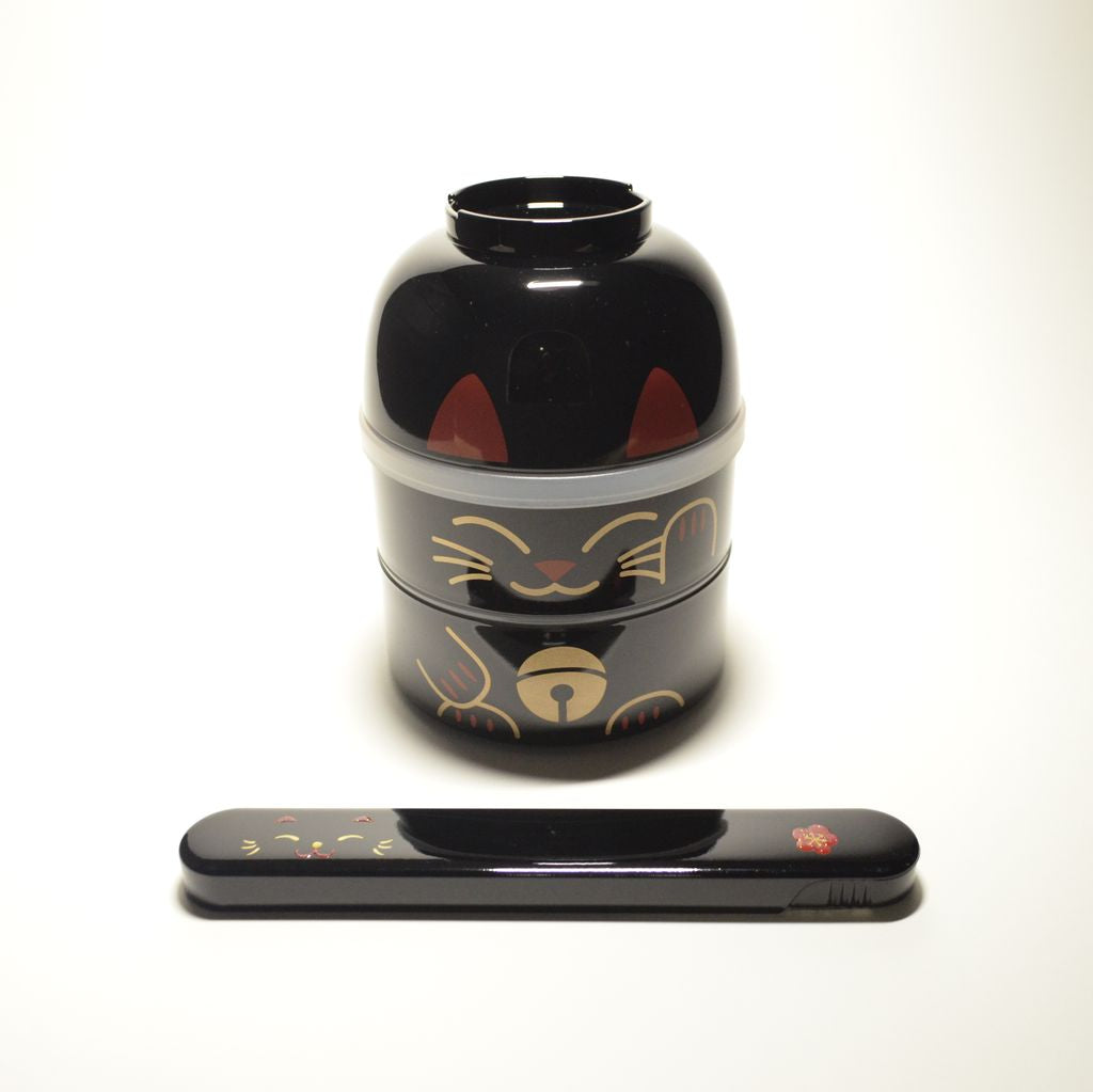 Bento Box Kokeshi Doll and Chopsticks Set "Maneki-Neko" (Large)