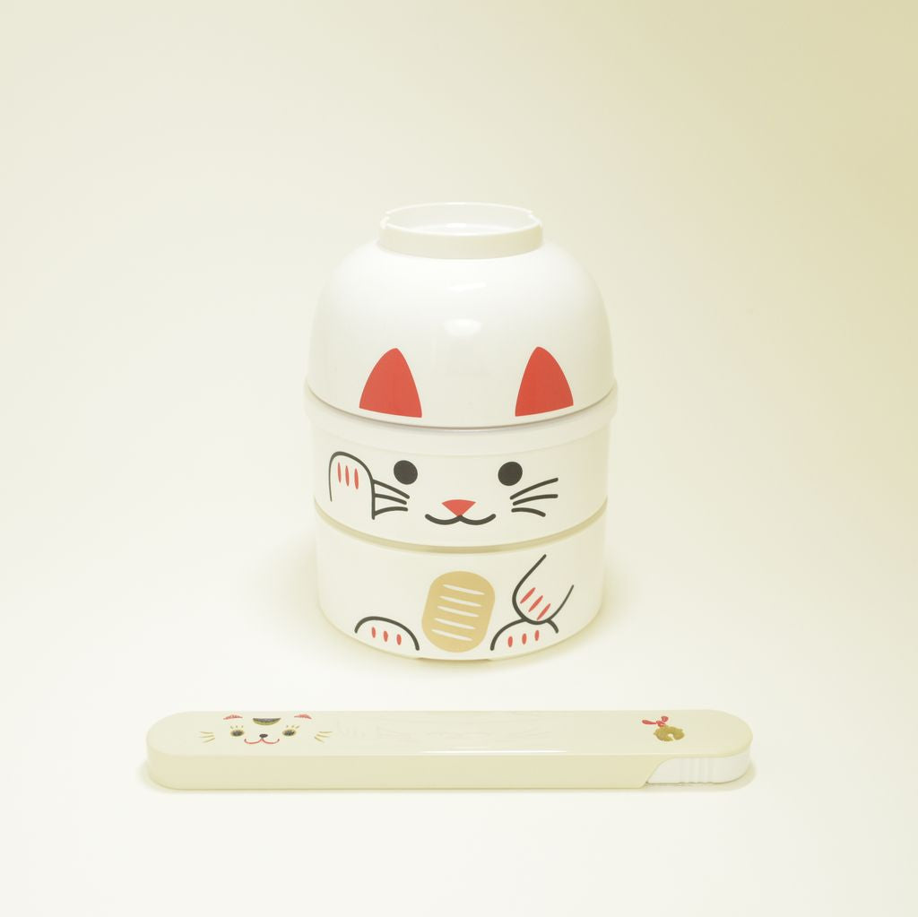 Bento Box Kokeshi Doll and Chopsticks Set "Maneki-Neko" (Large)