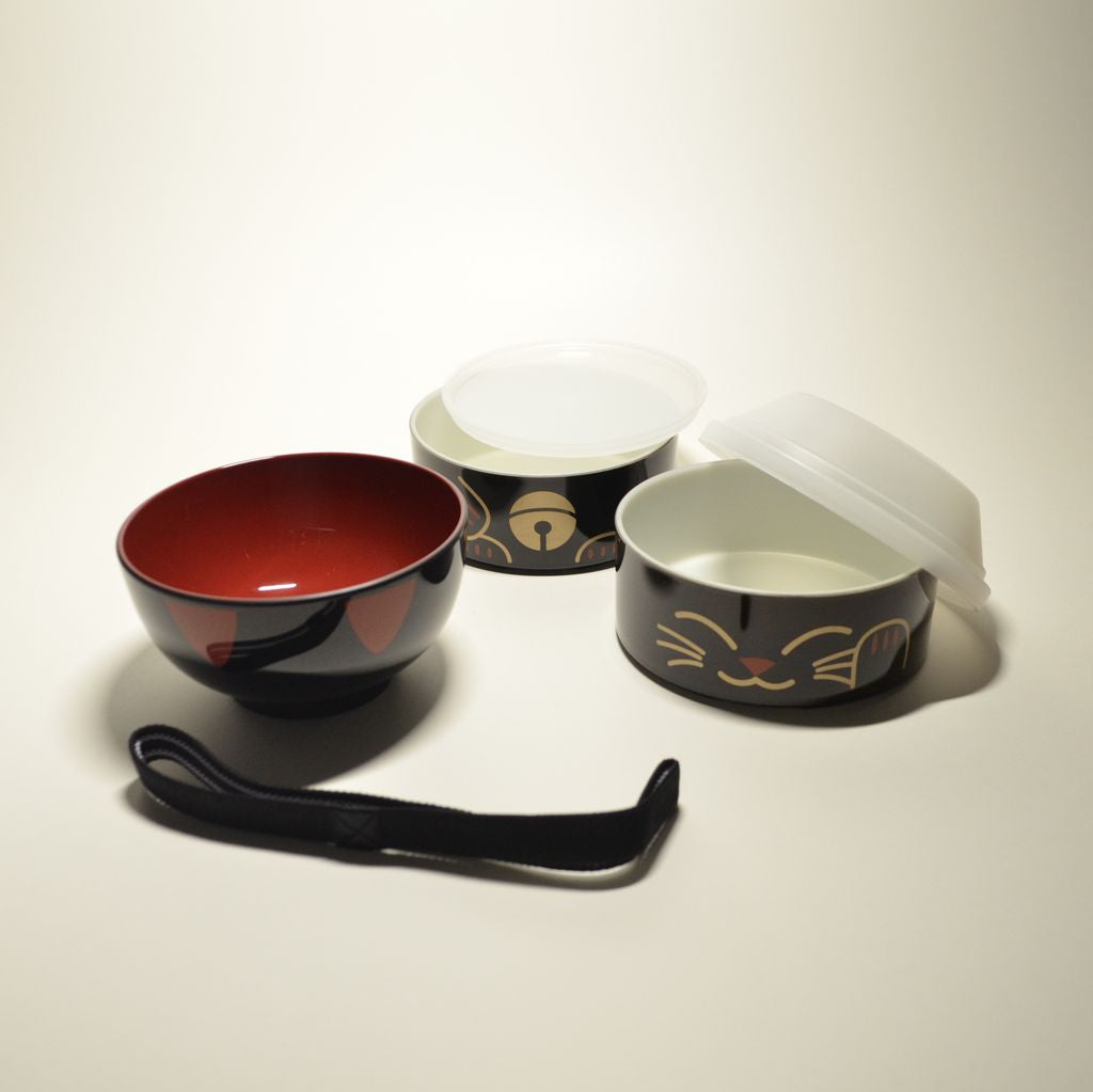 Bento Box Kokeshi Doll and Chopsticks Set "Maneki-Neko" (Large)