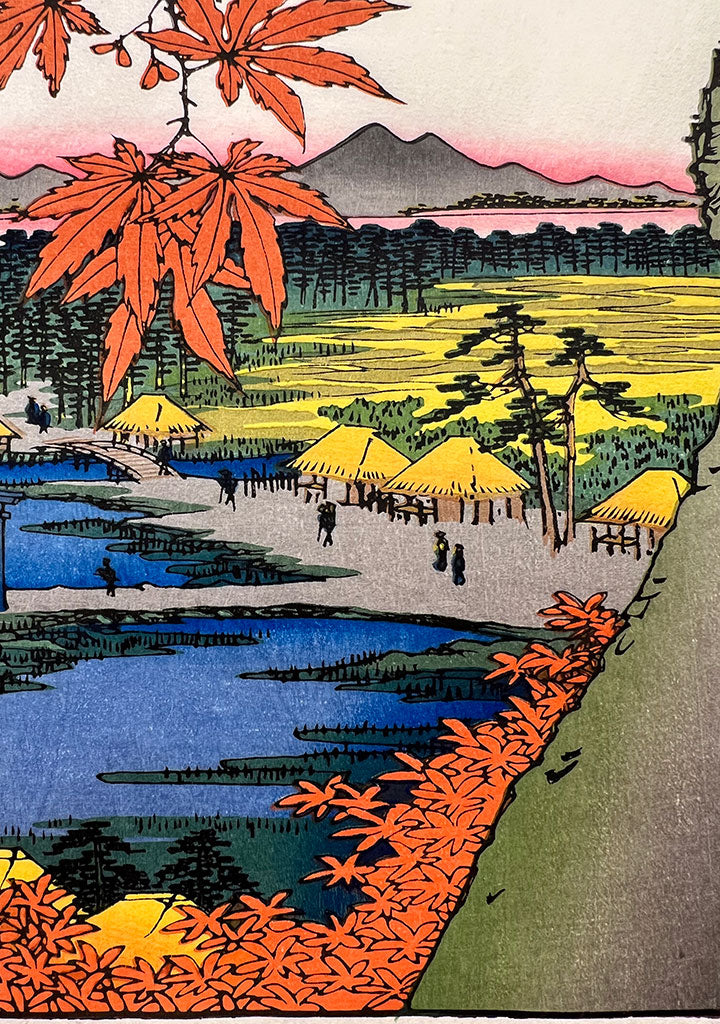 Woodblock print "View No.94 Red maples at Mama Shrine Overlooking the Tekona Shrine and Tsugihashi Bridge" by HIROSHIGE Published by UCHIDA art