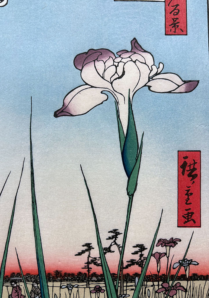 Woodblock print "View No.64 Iris in Horikiri park" by HIROSHIGE Published by UCHIDA art
