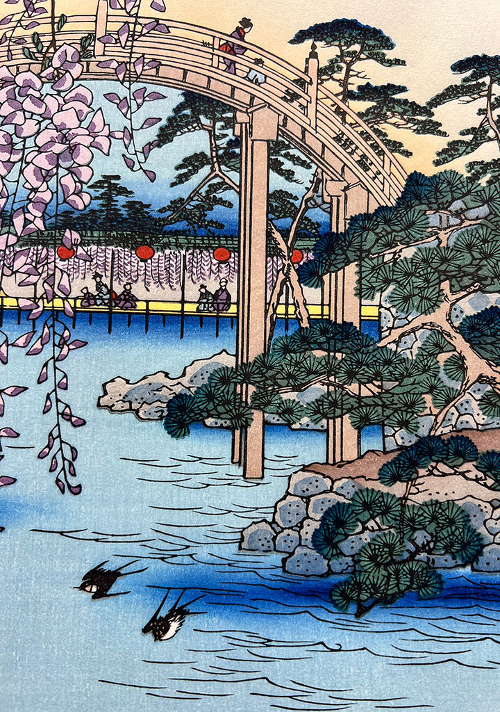 Woodblock print "View No.57 Wistaria at Kameido Tenjin Shrine" by HIROSHIGE Published by UCHIDA art