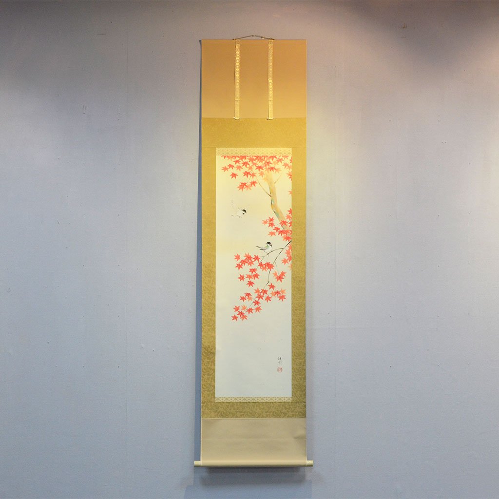 Japanese Hanging Scroll Kakejiku Junkichi Satoh "Autumn Leaves with Little Birds"