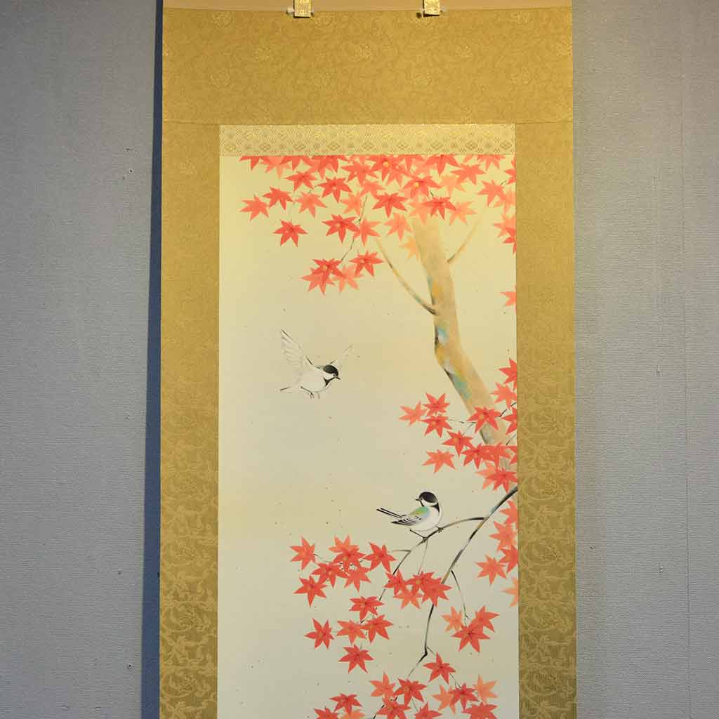 Japanese Hanging Scroll Kakejiku Junkichi Satoh "Autumn Leaves with Little Birds"