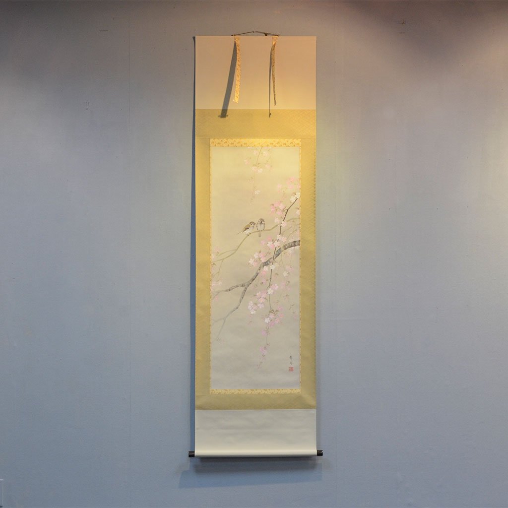 Japanese Hanging Scroll Kakejiku Shizuka Hojo ”Cherry Blossoms with Little Birds”