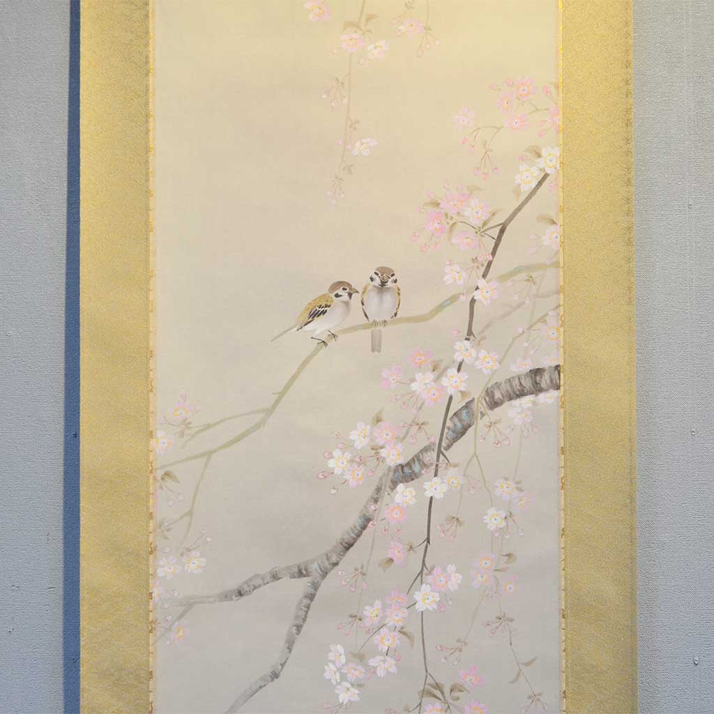 Japanese Hanging Scroll Kakejiku Shizuka Hojo ”Cherry Blossoms with Little Birds”