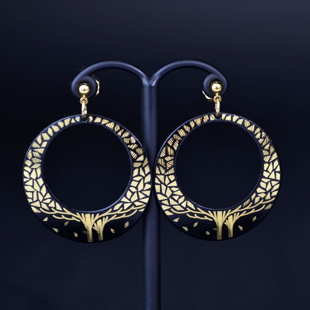 Kyoto Damascene Open Circle Earrings "Fallen Leaves"– Diameter: 1.6 cm