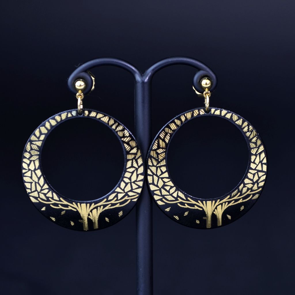 Damascene Open circle pierced earrings 30 "Leaves of the fall"