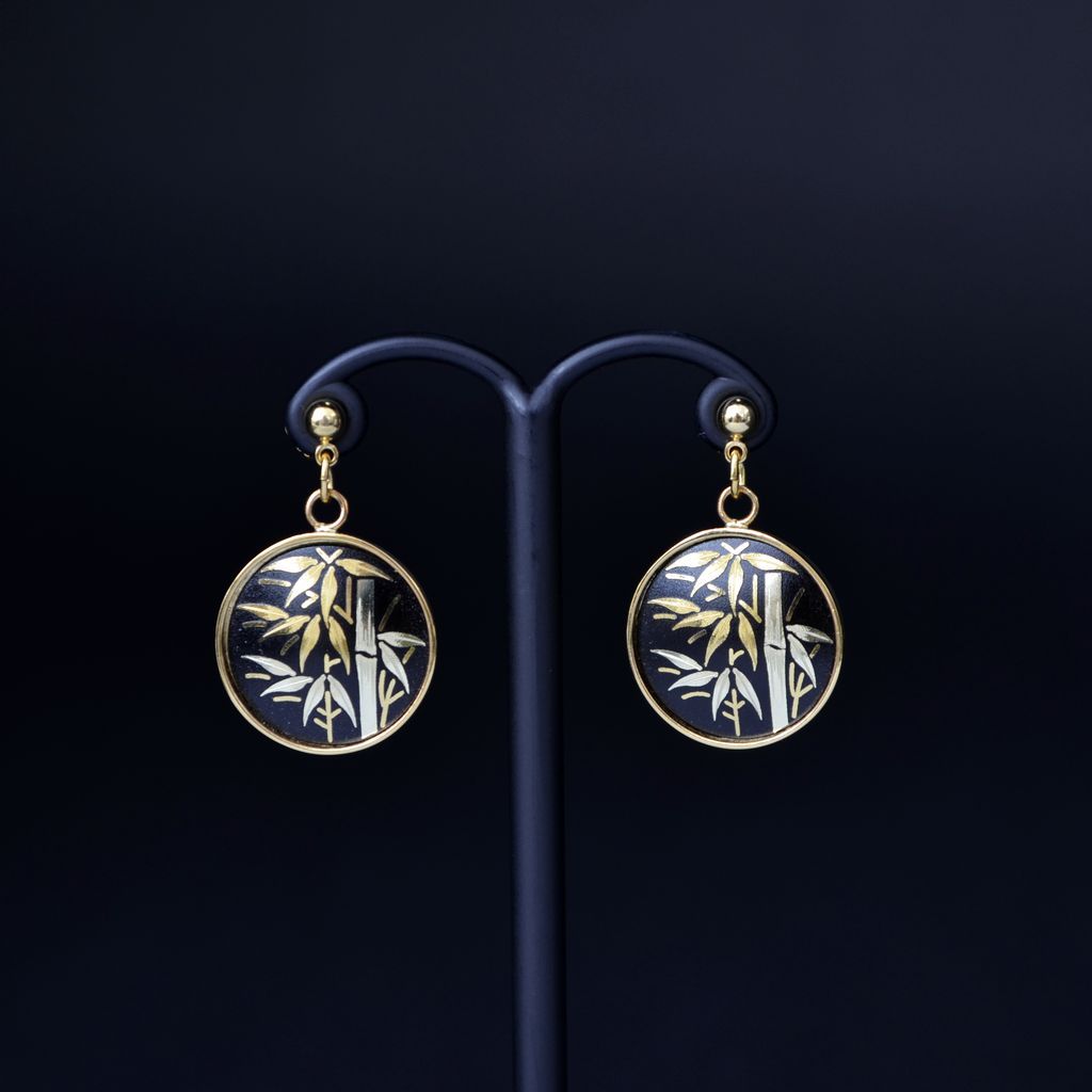 Damascene Round pierced earrings "Bamboo" (Dangling)
