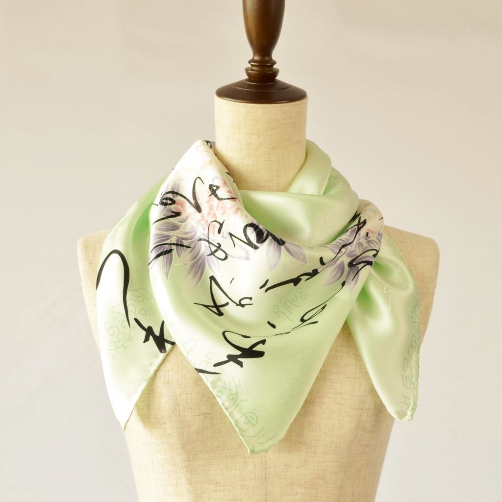 Silk scarf square "Wisteria and Japanese alphabet"