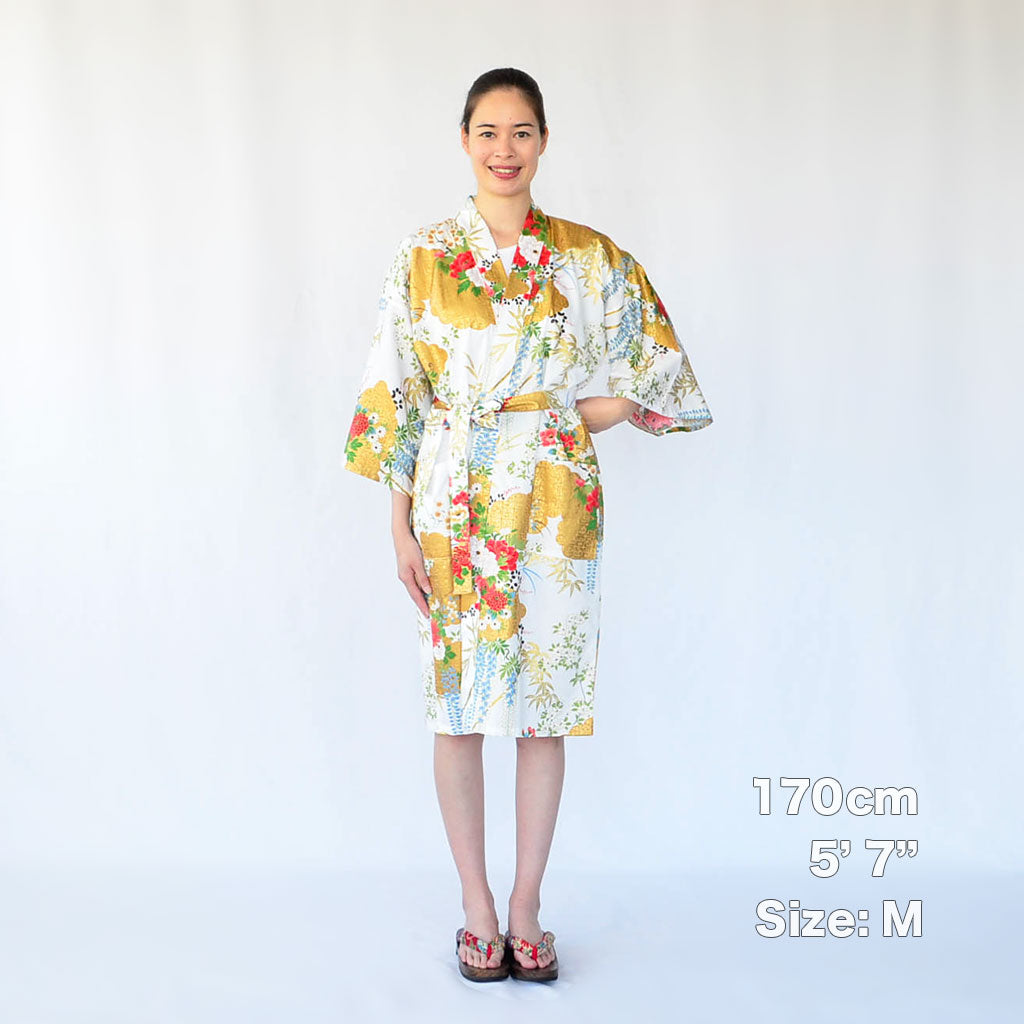 Japanese Kimono Women's Cotton Knee-length "Bamboo & Peony"