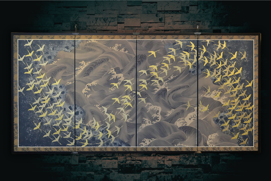 Byobu Folding Screen with 4 Panels "Cranes"