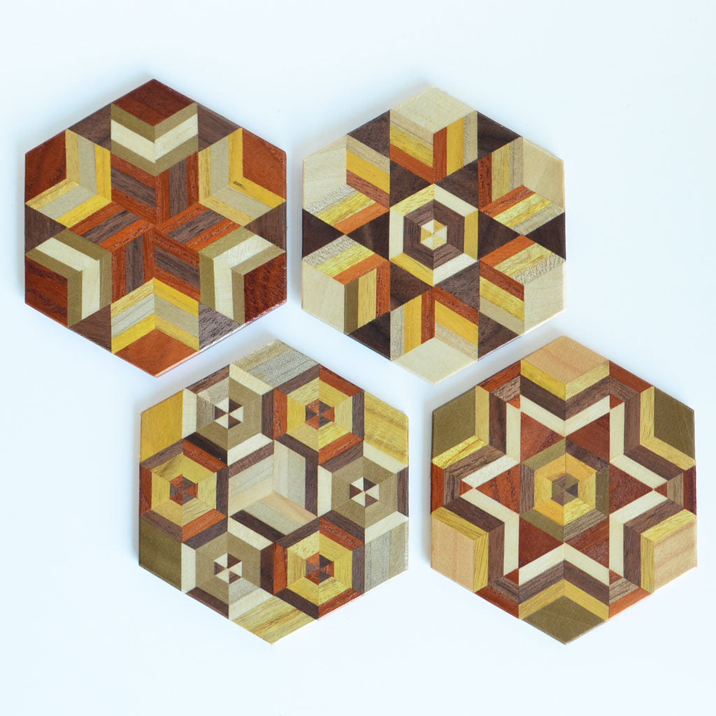 Hakone Yosegi Wooden mosaic work Coaster "Hexagon" 4pc Set