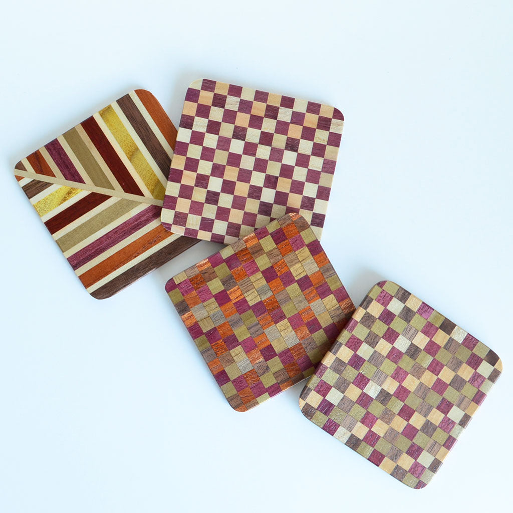 Hakone Yosegi Wooden mosaic work Coaster "Square" 4pc Set