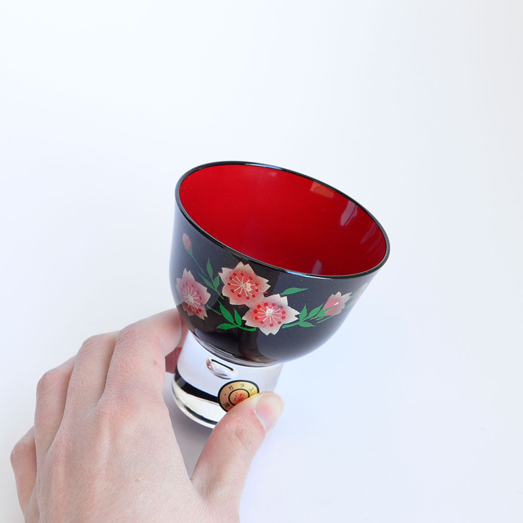 Aizu Lacquerware Maki-e Glass Sake Cup"Wild Cherry Blossom"