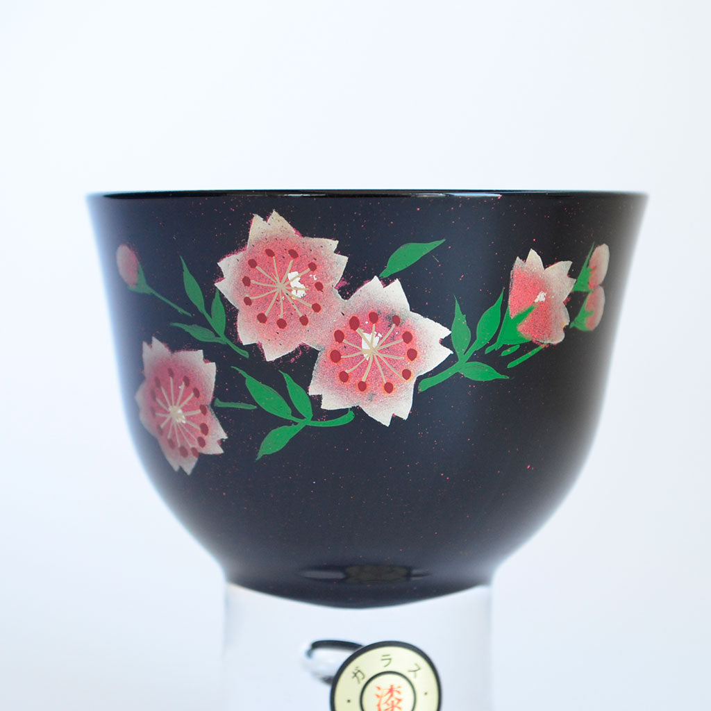 Aizu Lacquerware Maki-e Glass Sake Cup"Wild Cherry Blossom"