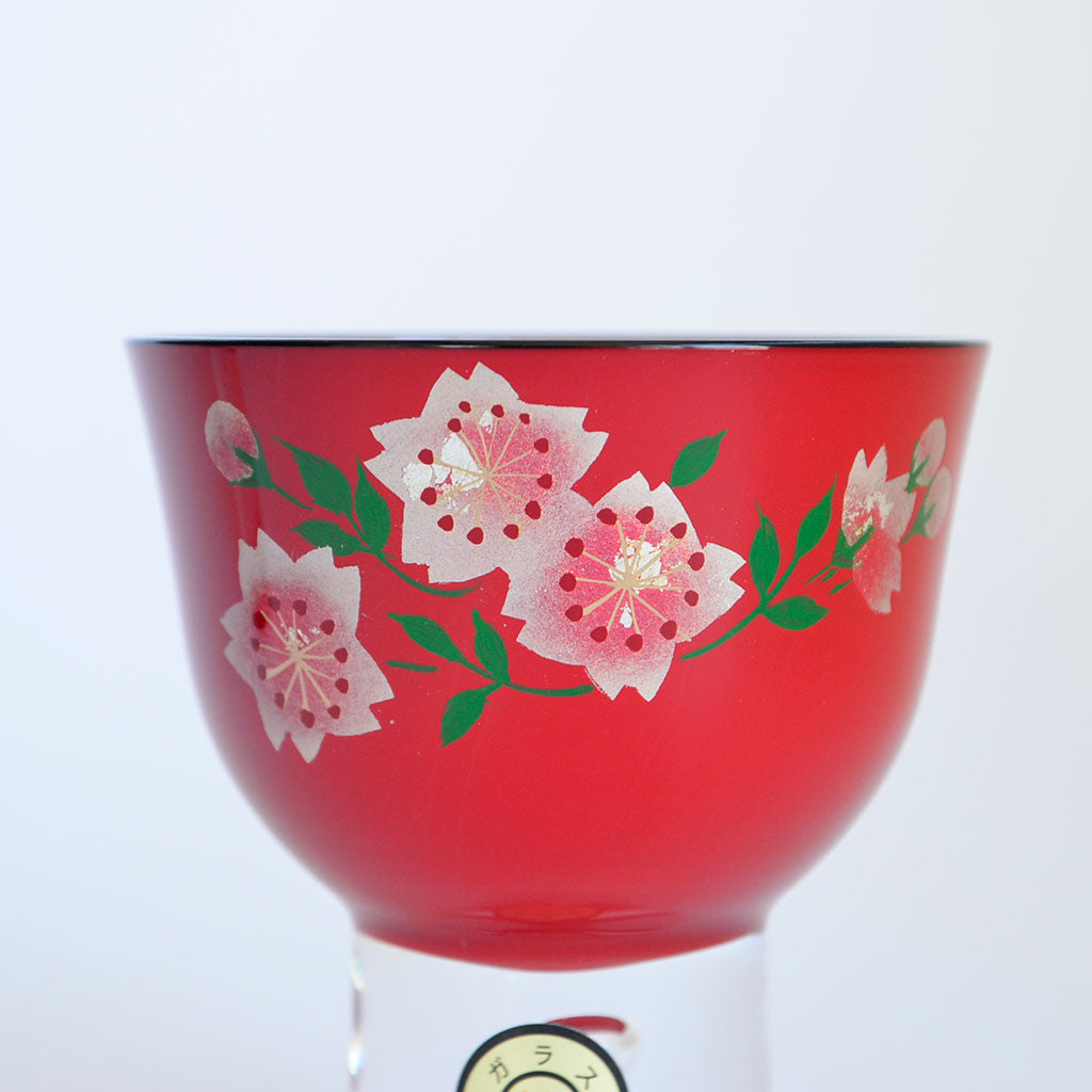 Aizu Lacquerware Maki-e Glass Sake Cup"Wild Cherry Blossom"