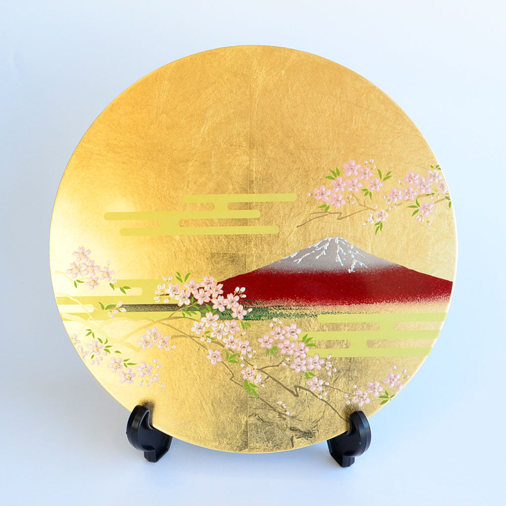 Lacquerware Decorative Plate with Gold Leaf "Mt. Fuji and Cherry Blossom" Size 11.0