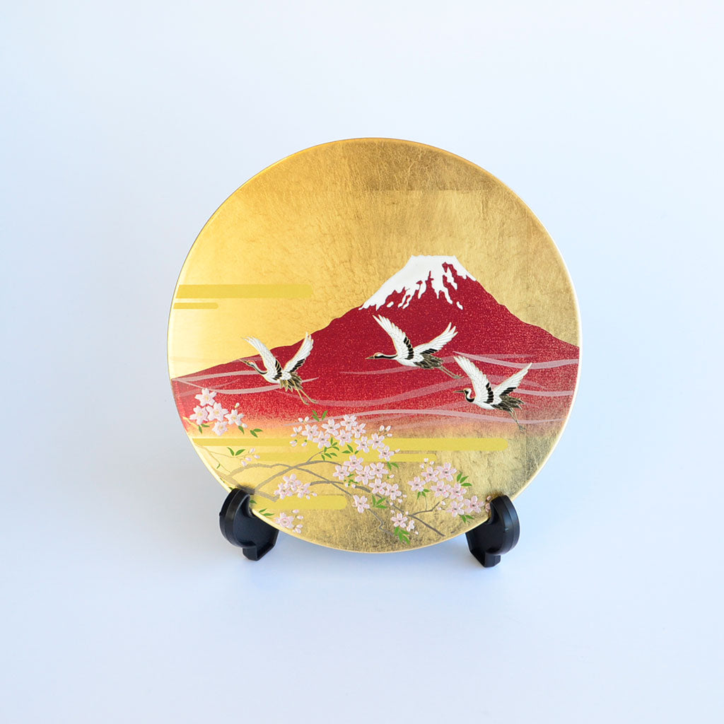 Lacquerware Decorative Plate with Gold Leaf "Mt. Fuji and Crane" Size 7.0