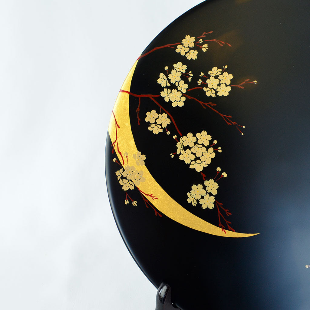 Lacquerware Decorative Plate "Moon and Flowers in Winter" Size 10.0