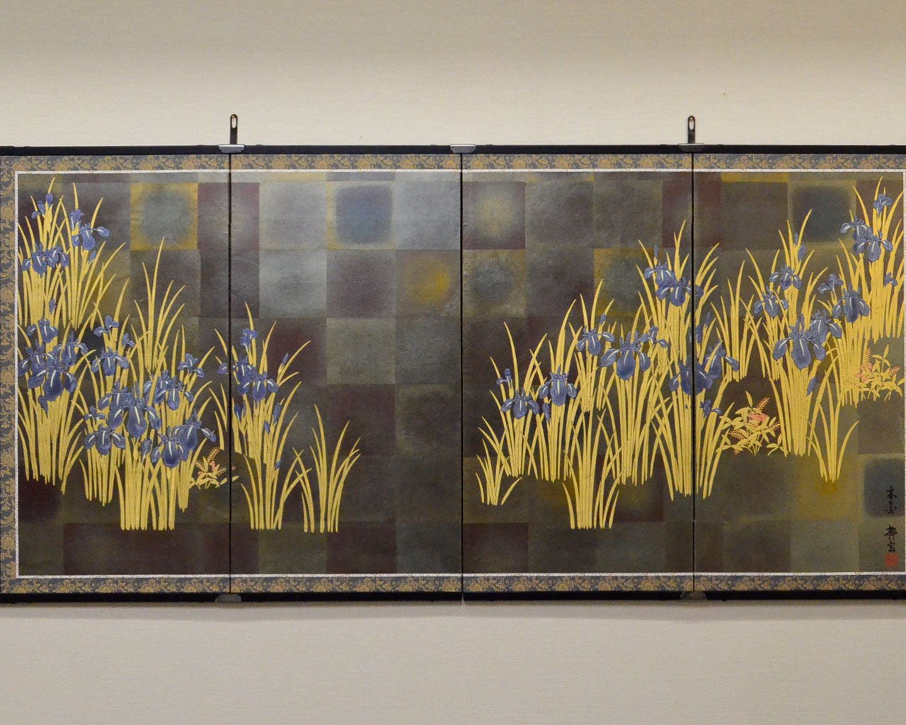 Byobu Folding Screen with 4 Panels "Iris" Gold Leaves