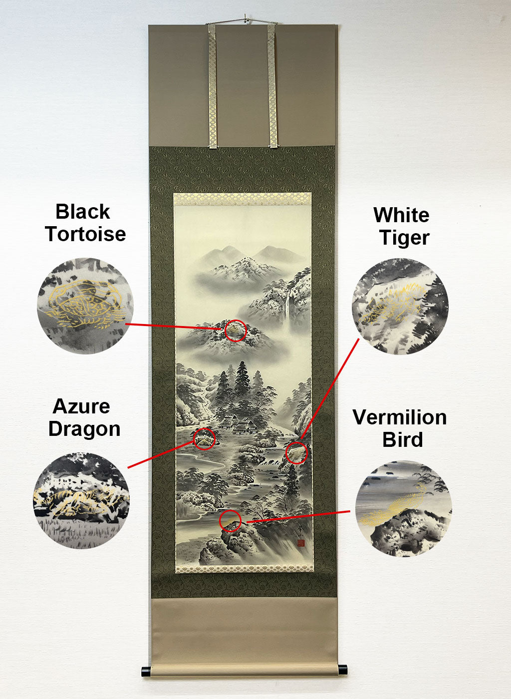 Japanese Hanging Scroll Kakejiku Kyozan Kimura "Shan Shui with the Ancient Four Symbols"