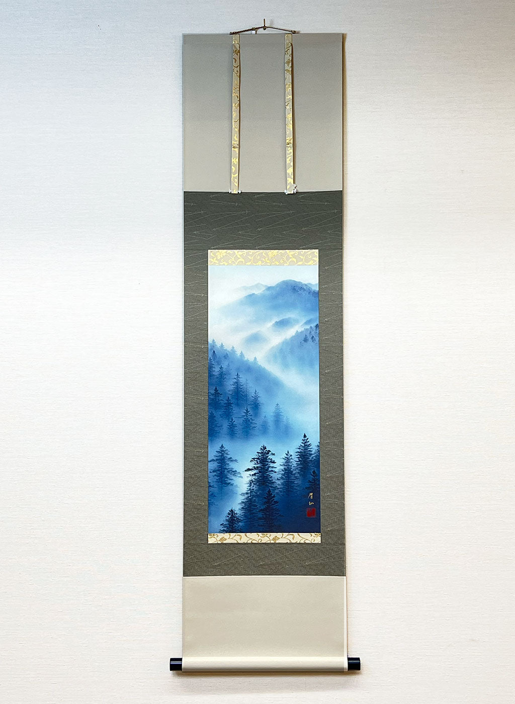 Japanese Hanging Scroll Kakejiku Bizan Sato "Shan Shui Painting by Chinese Ink in Blue" (Small size)