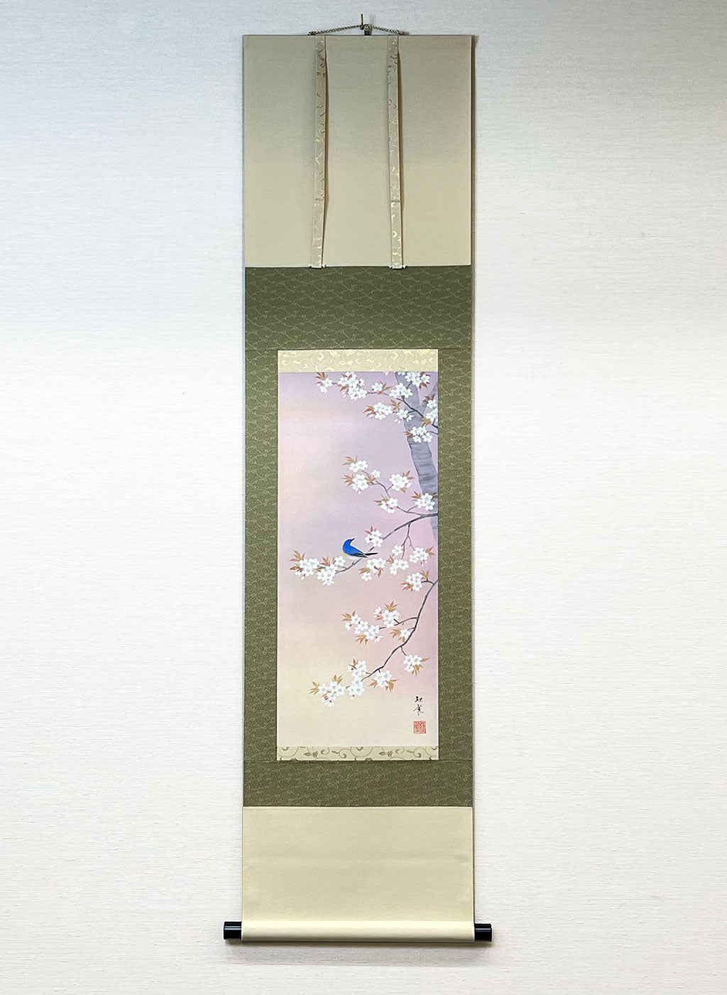 Japanese Hanging Scroll Kakejiku Ryokusui Hagihara "Cherry Blossoms with a Little Bird"