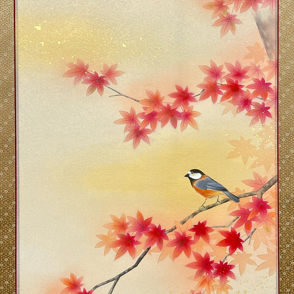 Japanese Hanging Scroll Kakejiku Ryuichi Shinohara "Autumn Leaves with a Little Bird"