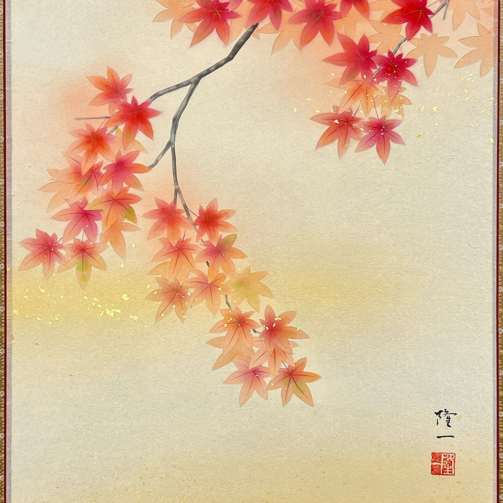 Japanese Hanging Scroll Kakejiku Ryuichi Shinohara "Autumn Leaves with a Little Bird"