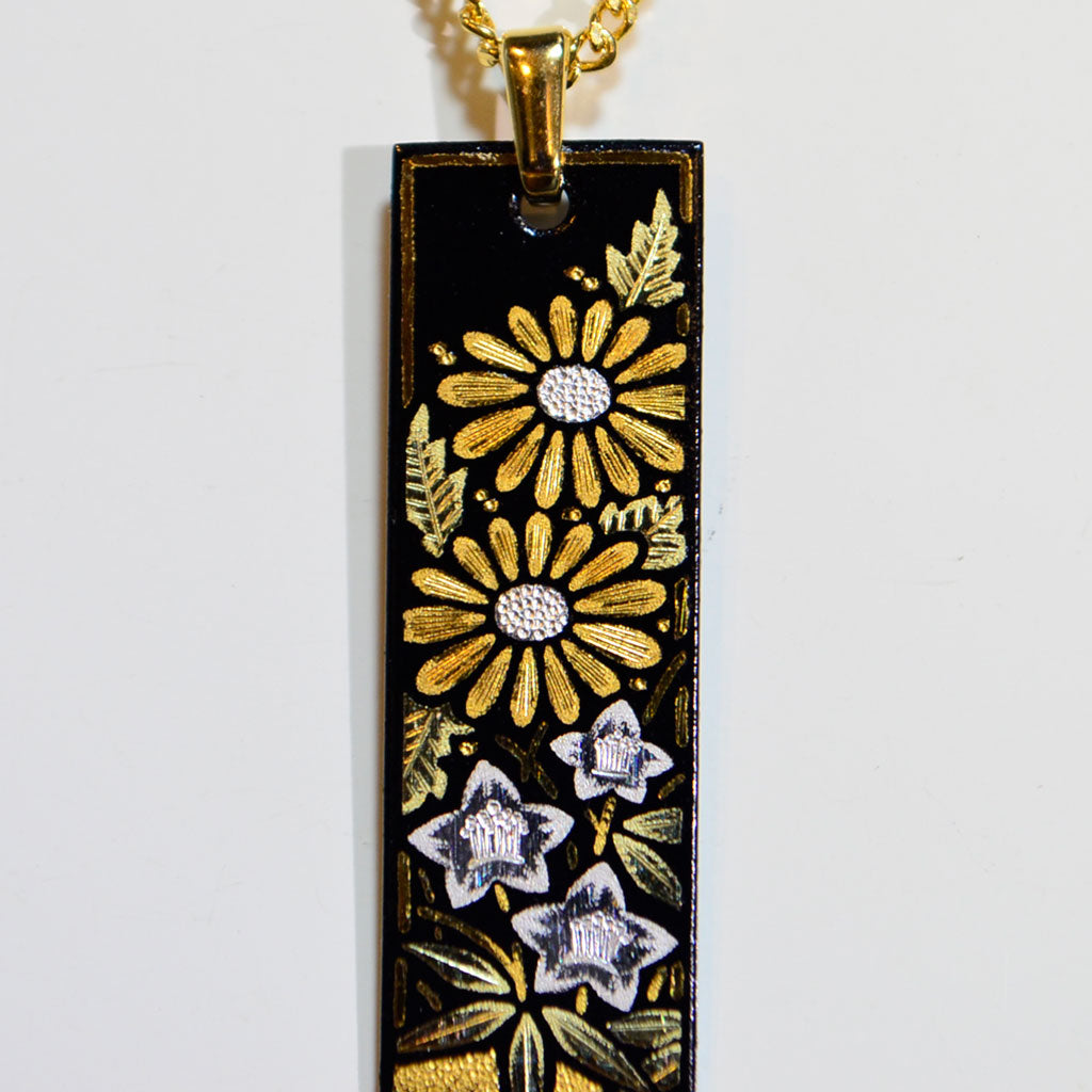 Kyoto Damascene Pendant – Small Vertical,"Chrysanthemum and Bellflower", 1.0 cm Wide