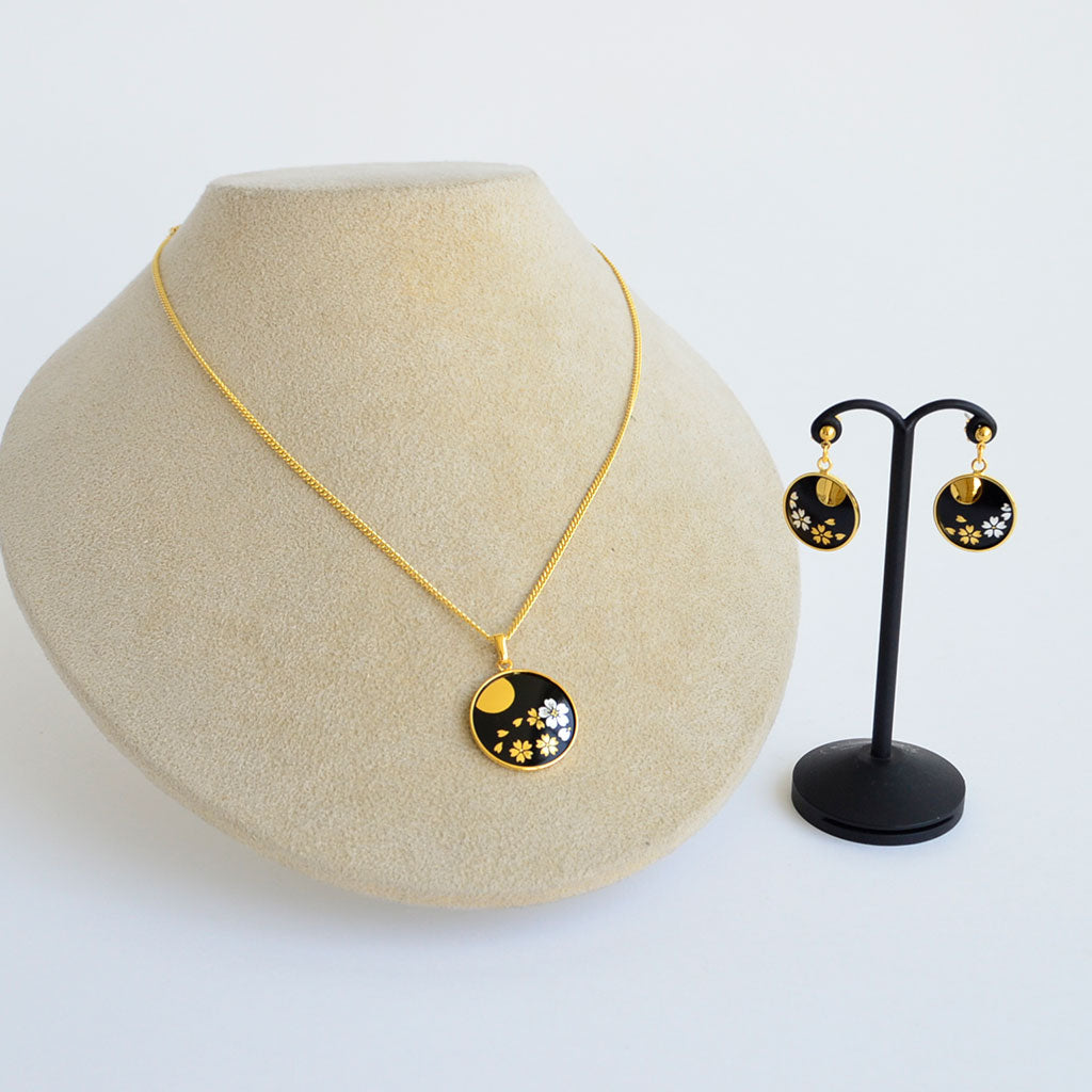 Kyoto Damascene Dangling Earrings "Cherry Blossoms and the Moon"– Diameter: 1.6 cm