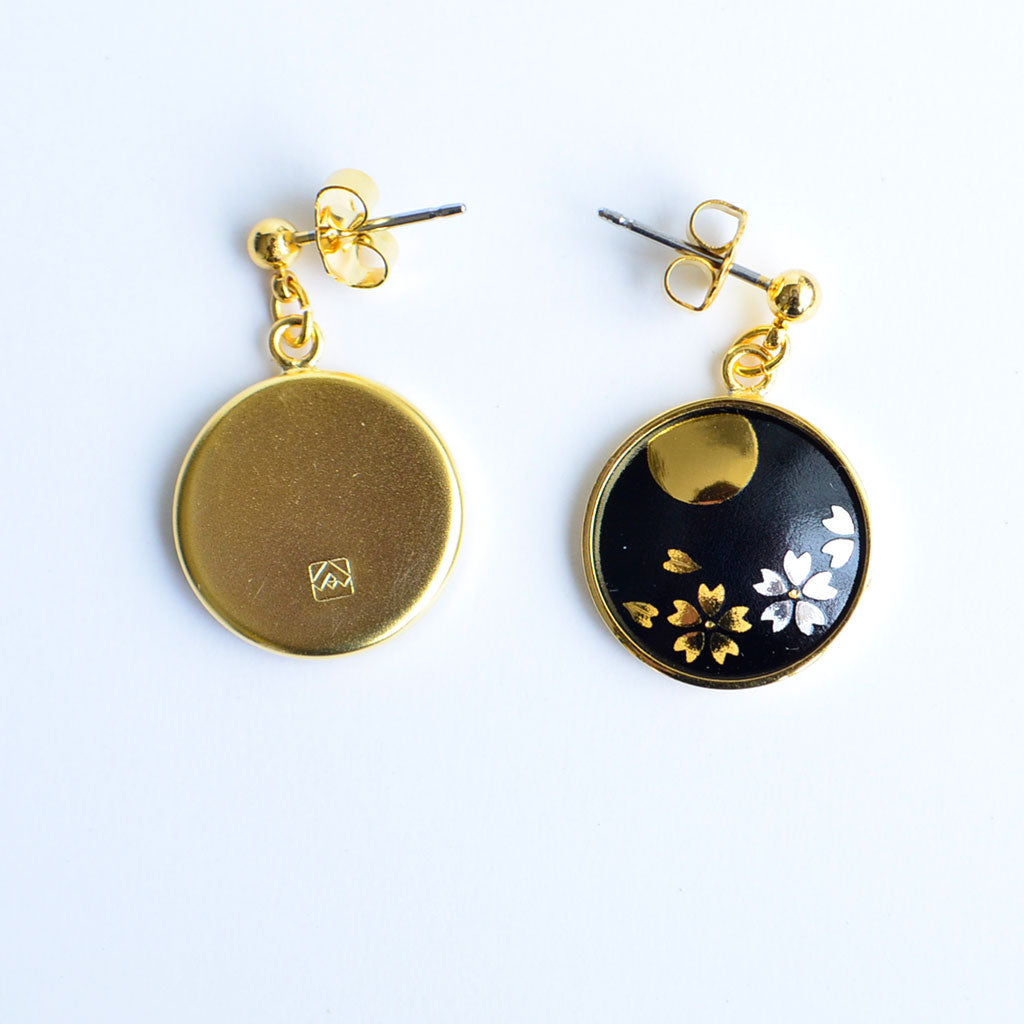 Kyoto Damascene Dangling Earrings "Cherry Blossoms and the Moon"– Diameter: 1.6 cm