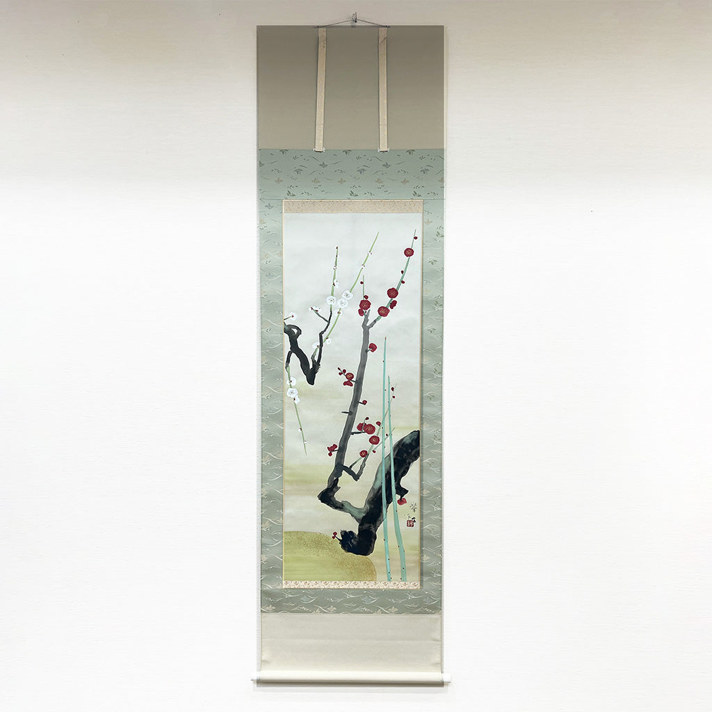 Japanese Hanging Scroll Kakejiku Painted by Shinji Kouno ”4. Red and White Plum Blossoms”