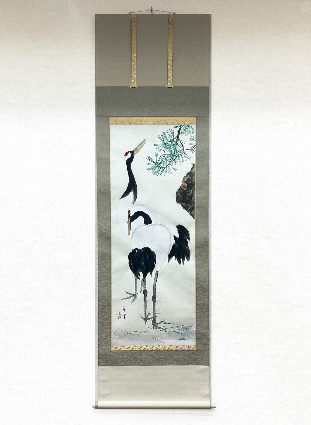 Japanese Hanging Scroll Kakejiku Painted by Shinji Kouno ”5. Pine and Crane”