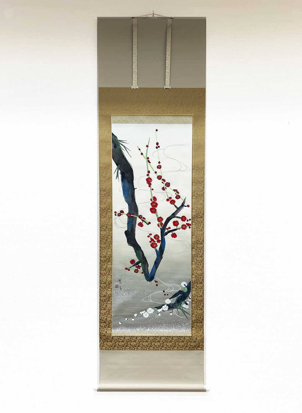 Japanese Hanging Scroll Kakejiku Painted by Shinji Kouno "6. Red and White Plum Blossoms"